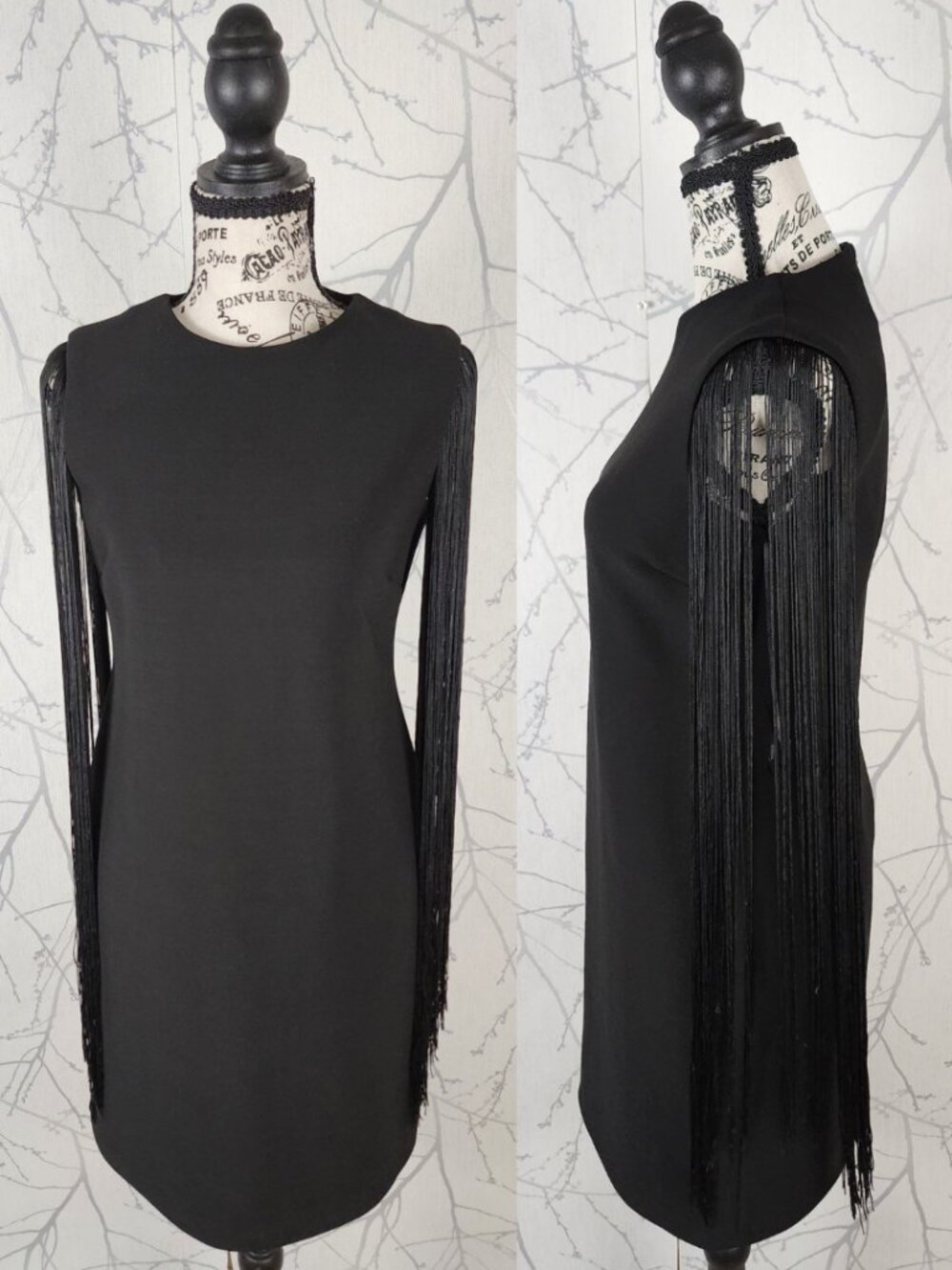 Taylor Black Crepe Stretch Fringe Sleeve Sheath Dress